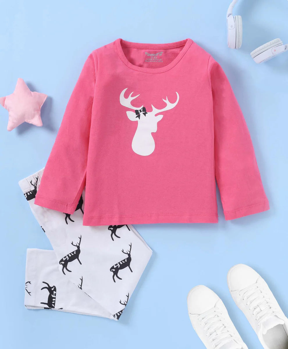 Pink & White Reindeer Printed Loungewear for Girls