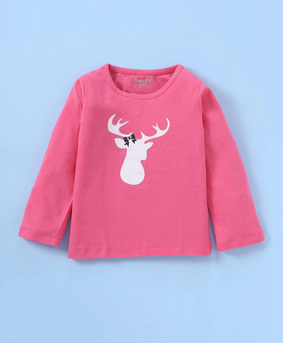 Pink & White Reindeer Printed Loungewear for Girls