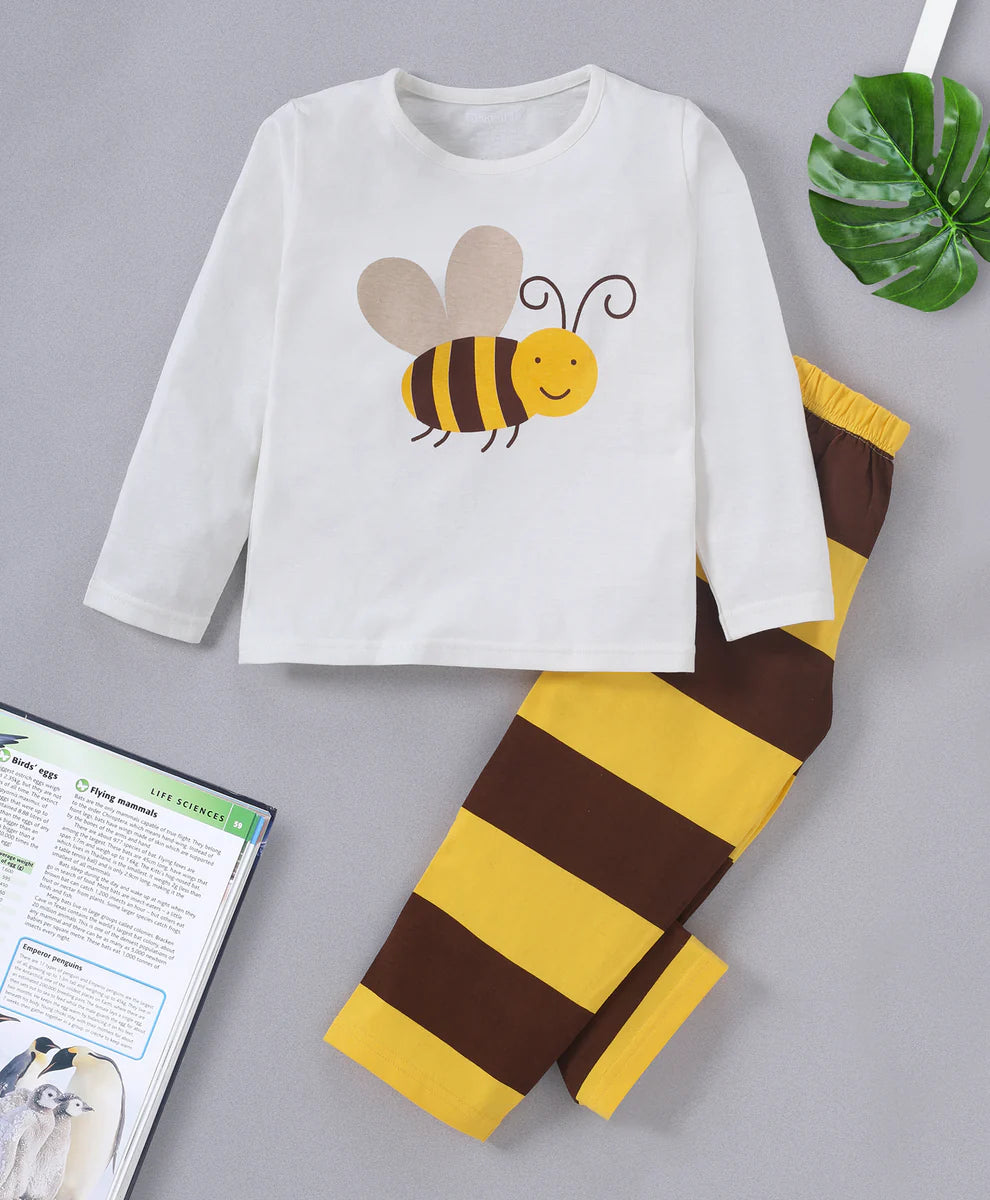 Half White & Brown Honey Bee Printed Unisex Cotton Loungewear for Kids