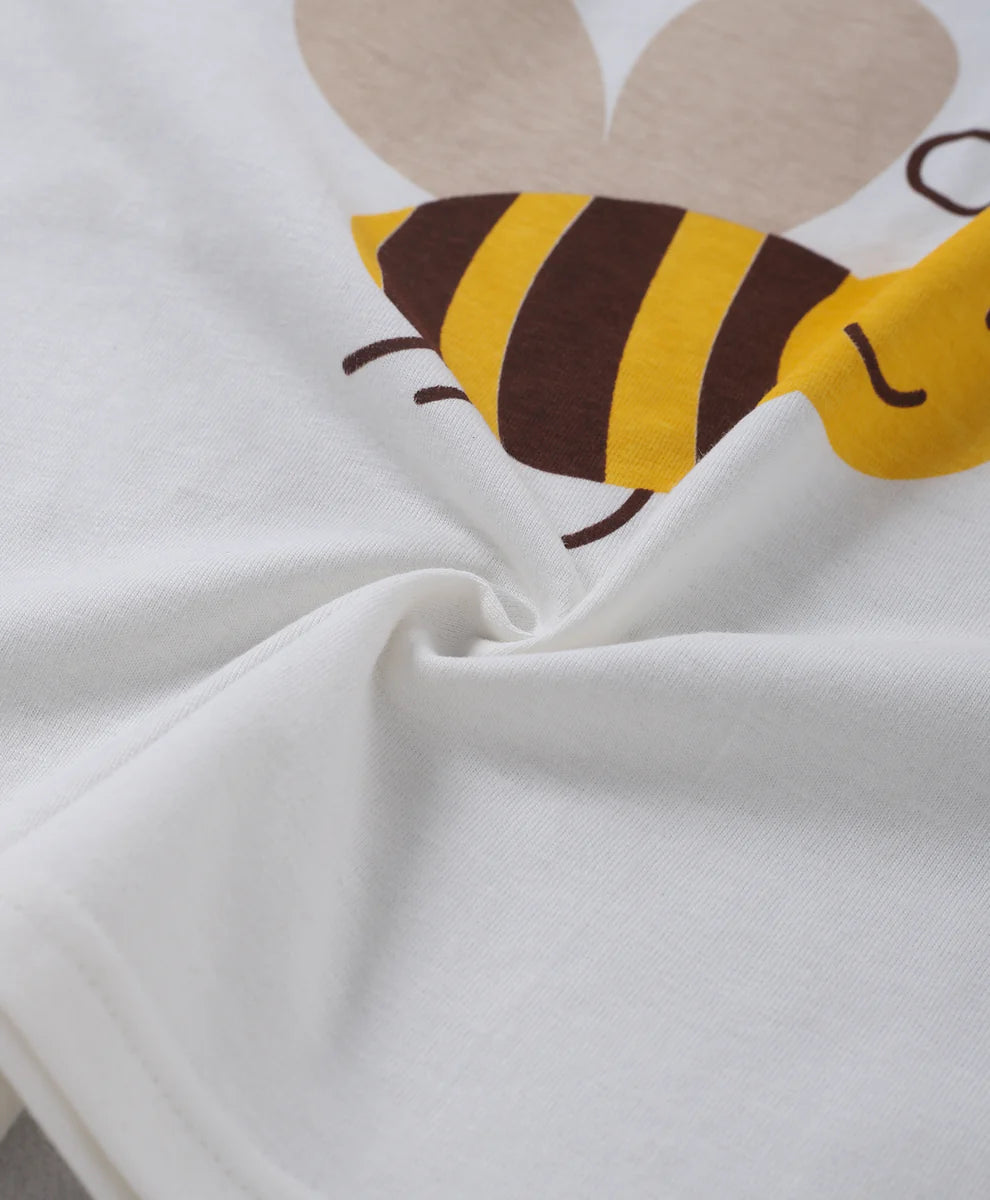 Half White & Brown Honey Bee Printed Unisex Cotton Loungewear for Kids