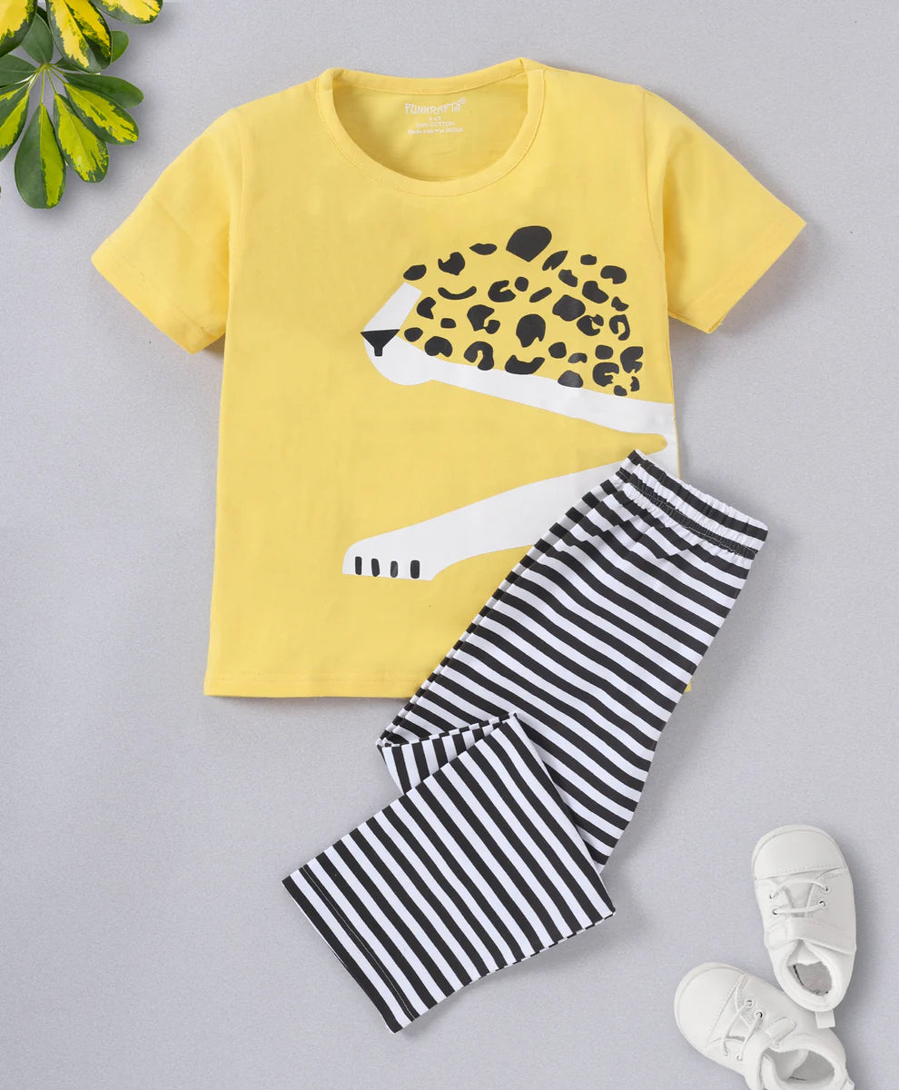 Yellow Tiger Printed Cotton Night Suit